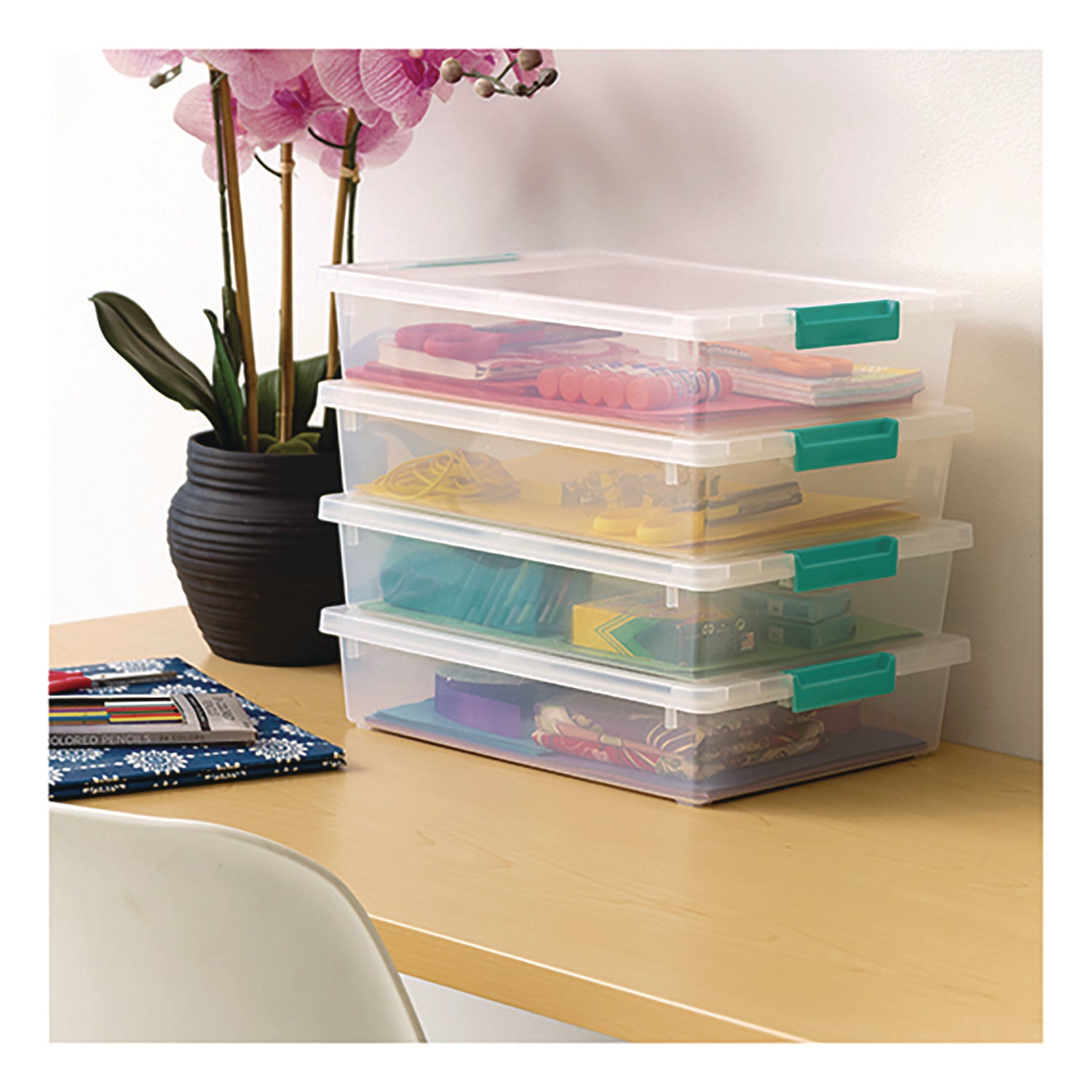 Iris Latch Lid Storage Box, 2.3 gal, 14 x 11 x 3.5, Clear Bin/Seafoam Latches (301158)