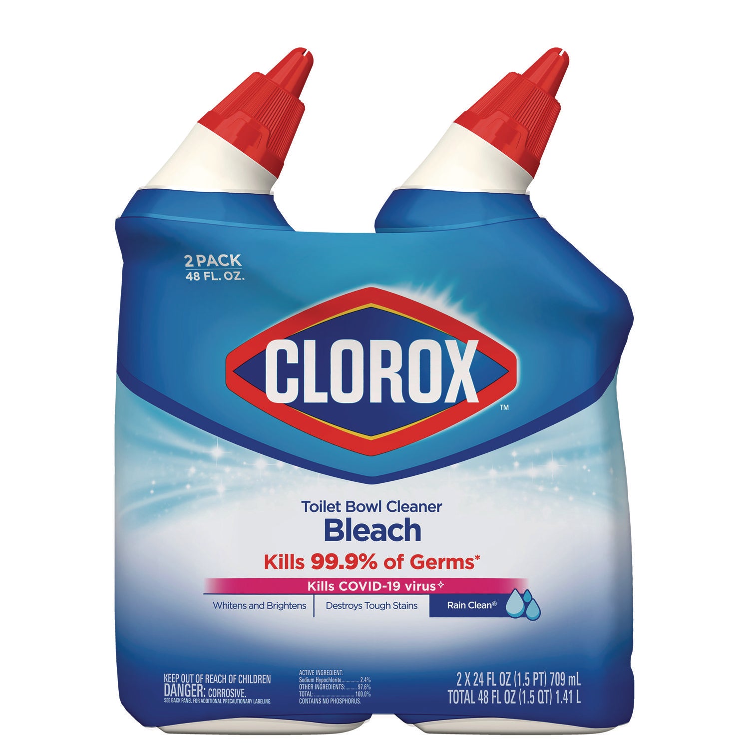 Clorox Disinfecting Toilet Bowl Cleaner with Bleach, Rain Clean Scent, 24 oz Bottle, 2/Pack (30924)