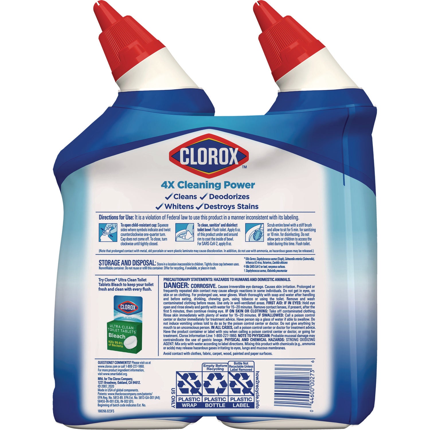 Clorox Disinfecting Toilet Bowl Cleaner with Bleach, Rain Clean Scent, 24 oz Bottle, 2/Pack (30924)