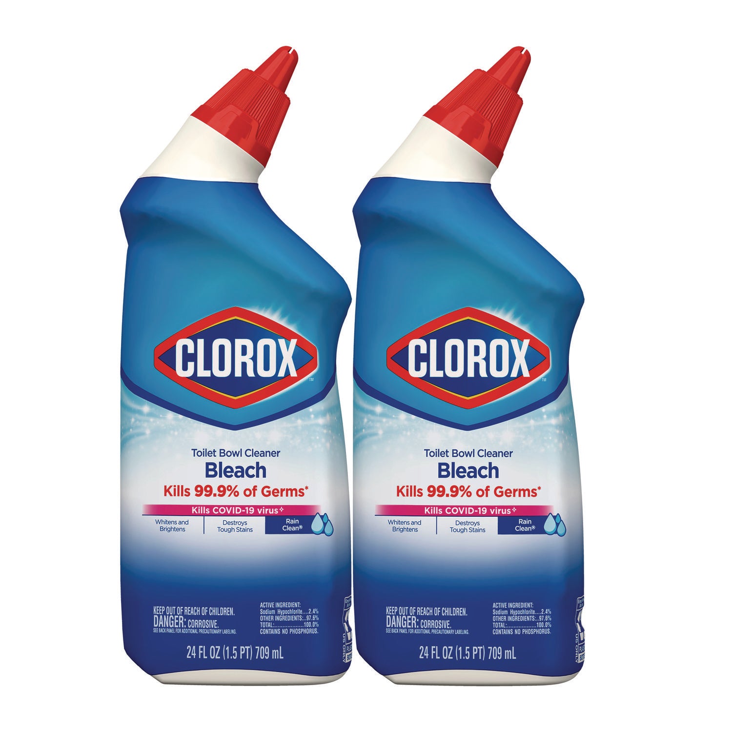 Clorox Disinfecting Toilet Bowl Cleaner with Bleach, Rain Clean Scent, 24 oz Bottle, 2/Pack (30924)