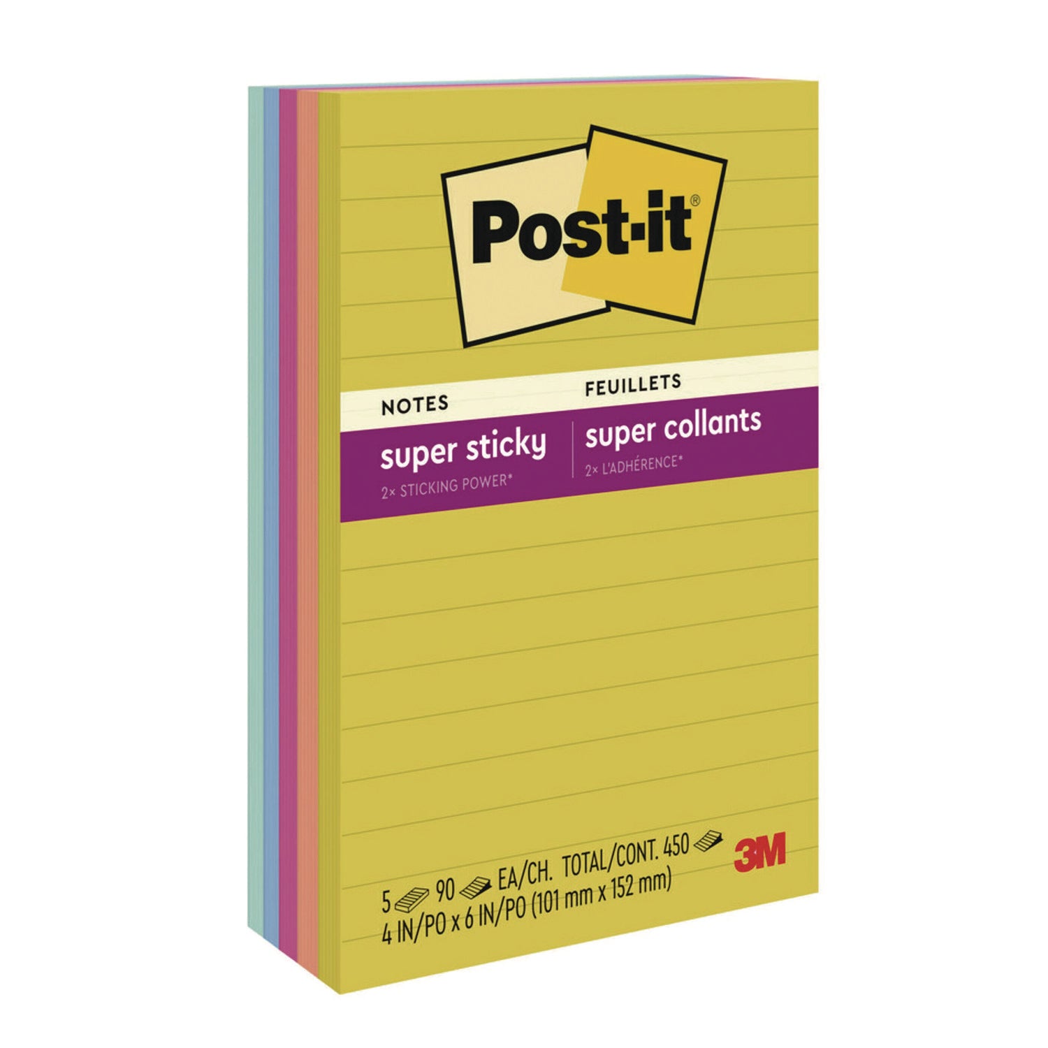 Post-it Note Pads in Summer Joy Color Collection Colors, 4" x 6", Note Ruled, 90 Sheets/Pad, 5 Pads/Pack (6605SSJOY)