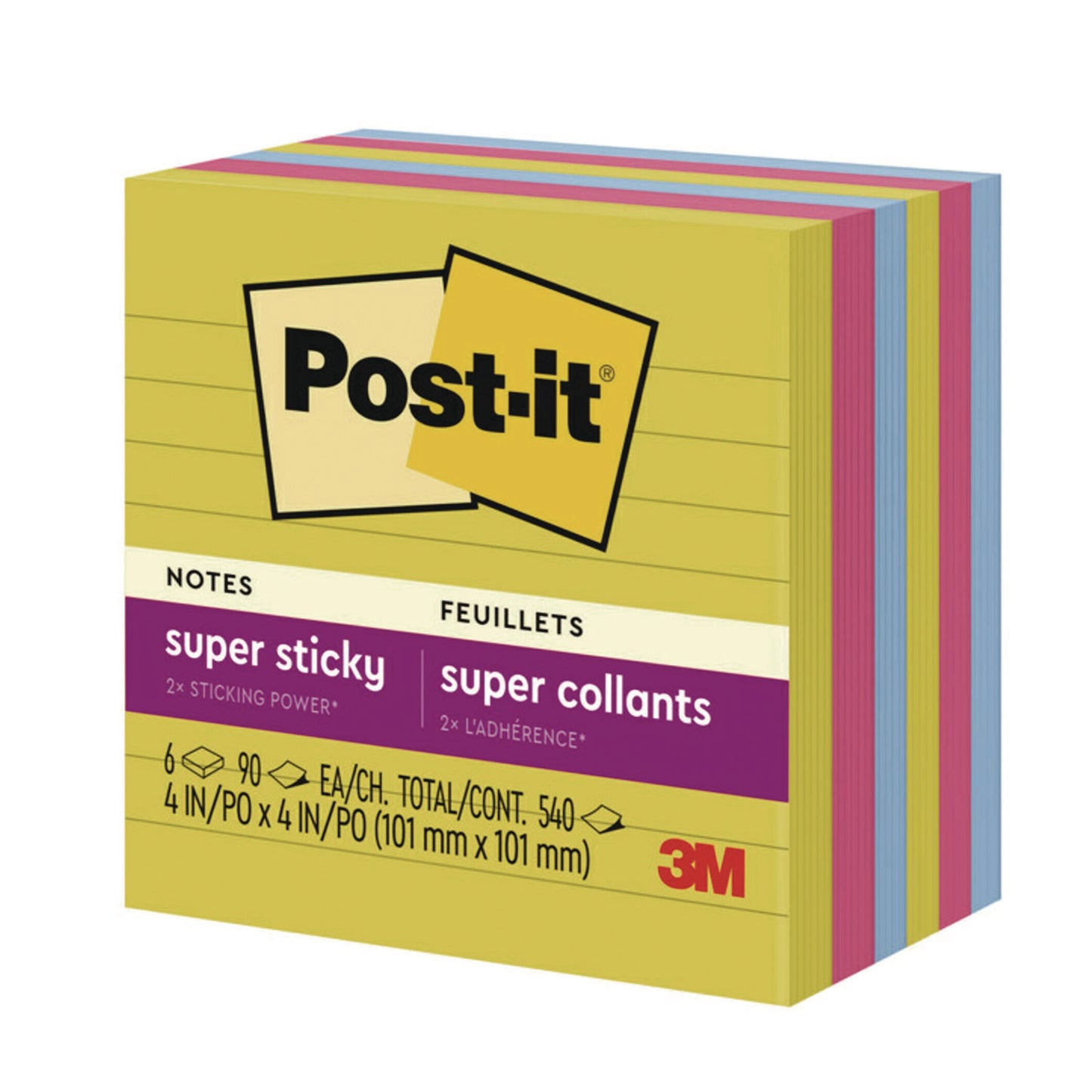 Post-it Note Pads in Summer Joy Color Collection Colors, 4" x 4", Note Ruled, 90 Sheets/Pad, 6 Pads/Pack (6756SSJOY)