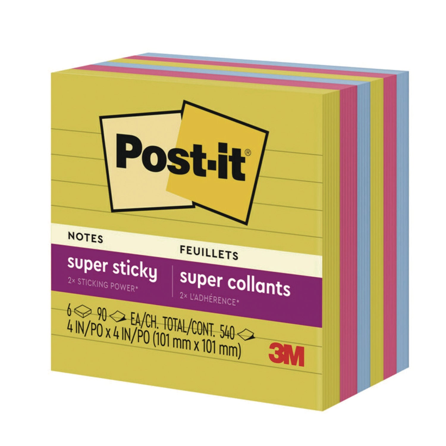 Post-it Note Pads in Summer Joy Color Collection Colors, 4" x 4", Note Ruled, 90 Sheets/Pad, 6 Pads/Pack (6756SSJOY)