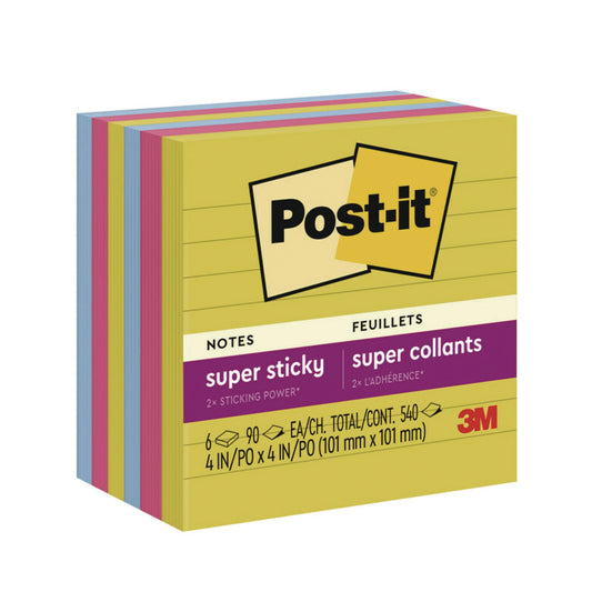 Post-it Note Pads in Summer Joy Color Collection Colors, 4" x 4", Note Ruled, 90 Sheets/Pad, 6 Pads/Pack (6756SSJOY)