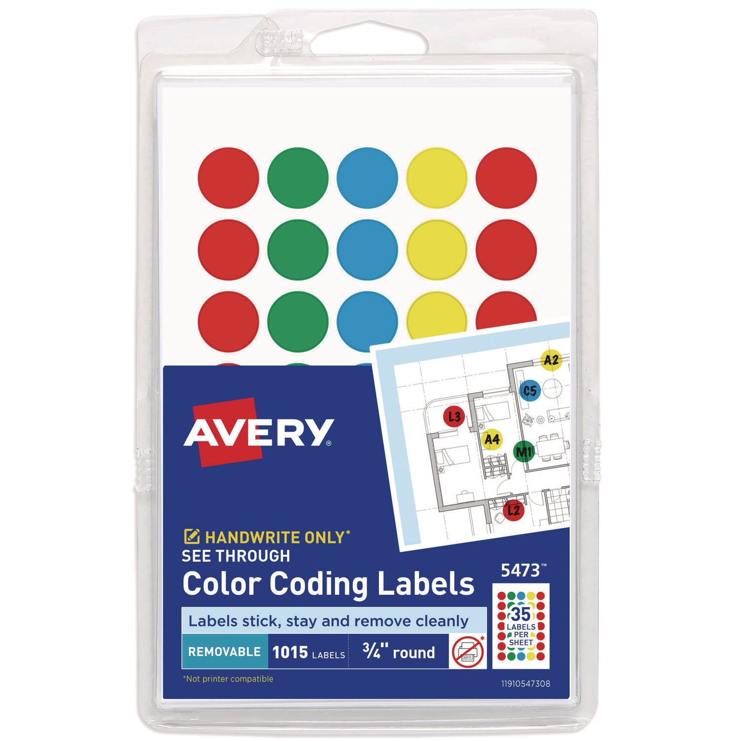 Avery Handwrite-Only Self-Adhesive "See Through" Removable Round Color Dots, 0.75" dia, Assorted, 35/Sheet, 29 Sheets/Pack, (5473) (05473)