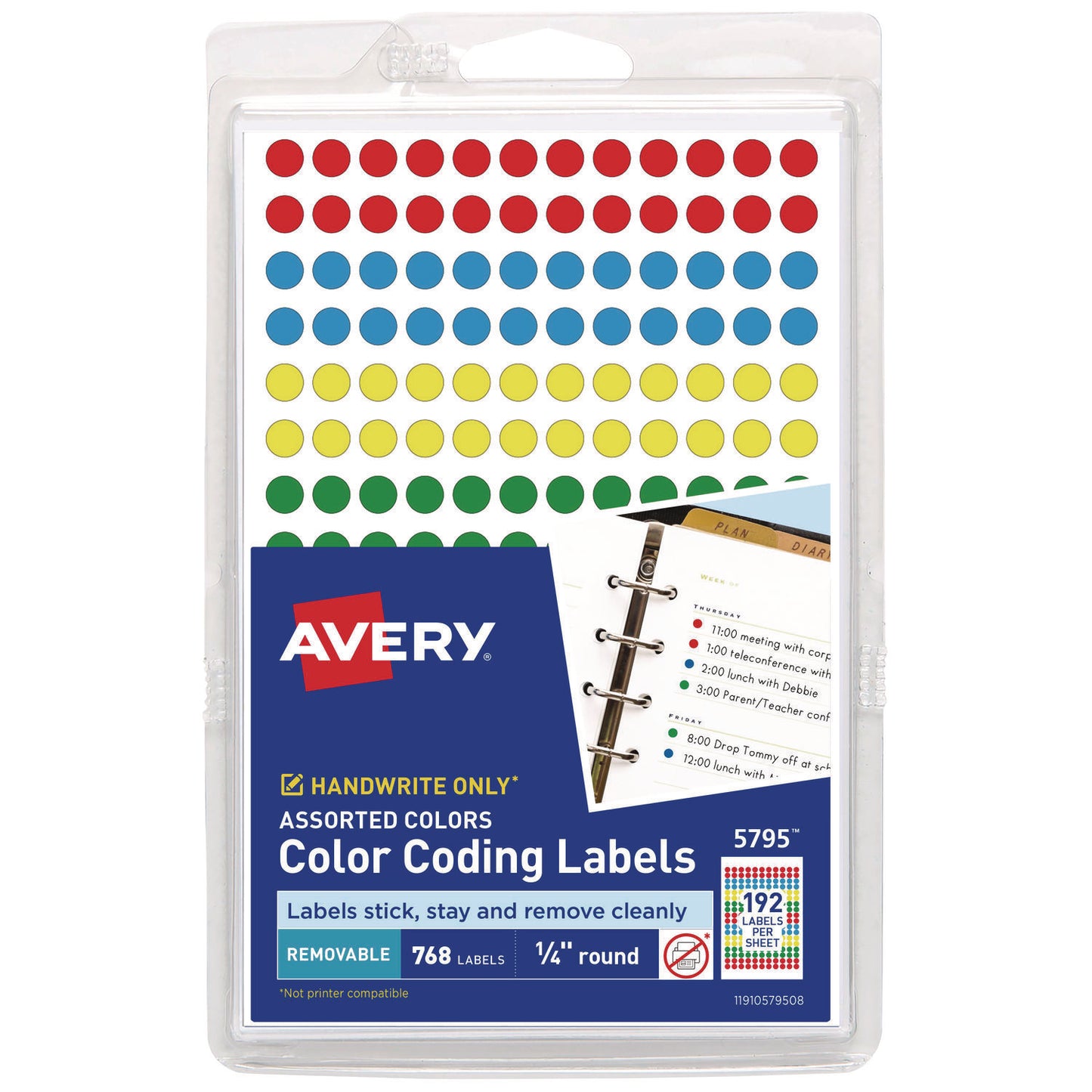 Avery Handwrite Only Self-Adhesive Removable Round Color-Coding Labels, 0.25" dia, Assorted, 192/Sheet, 4 Sheets/Pack, (5795) (05795)