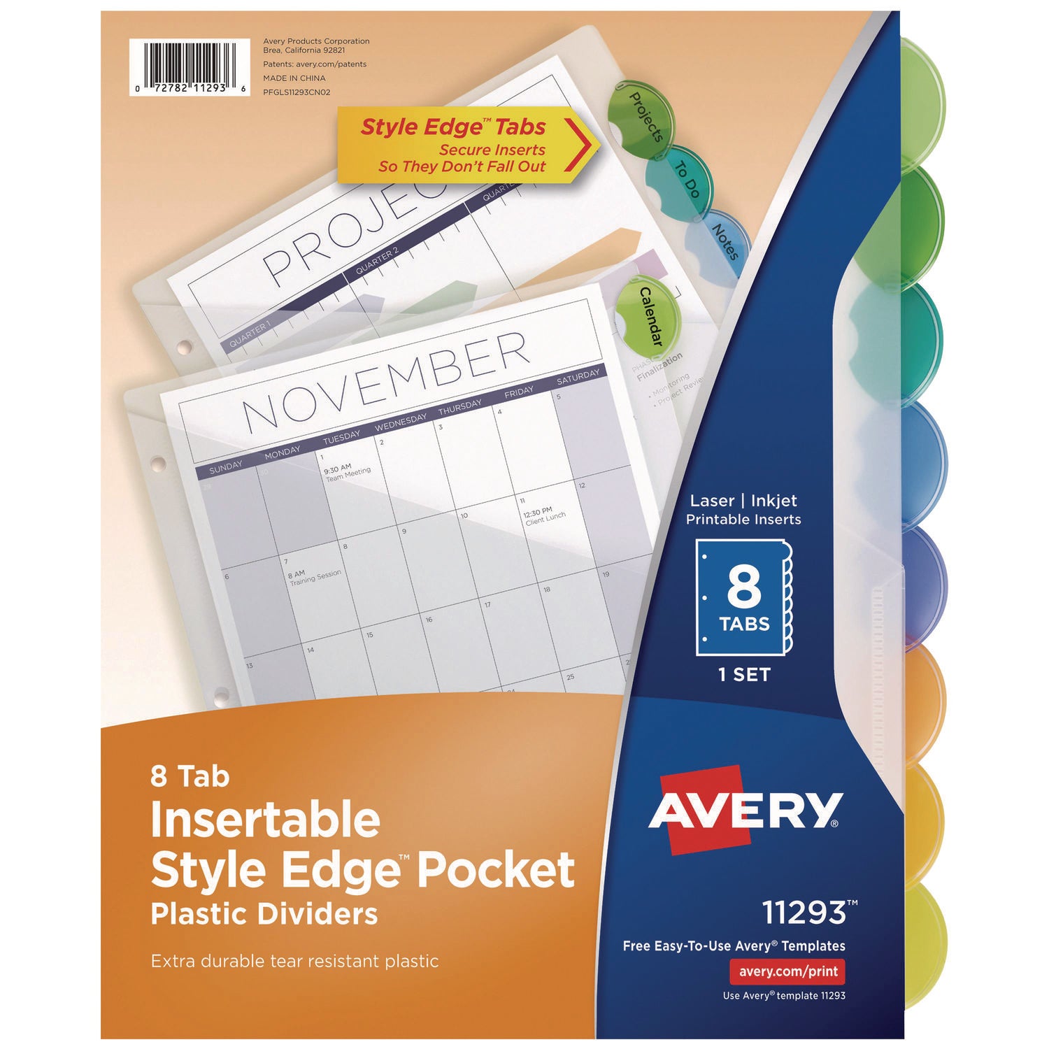 Avery Insertable Style Edge Tab Plastic 1-Pocket Dividers, 8-Tab, 11.25 x 9.25, Translucent, 1 Set (11293)