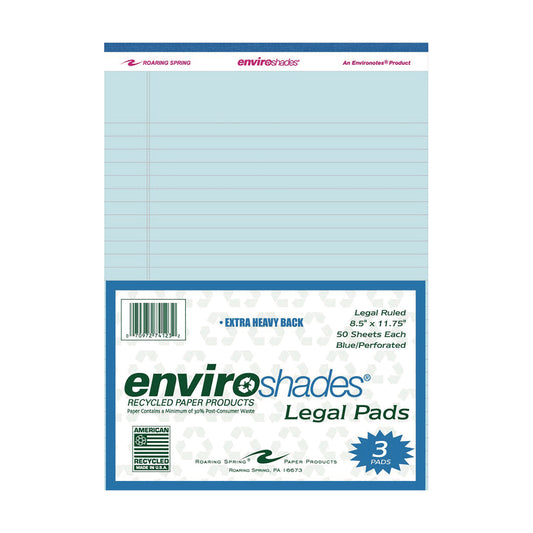 Roaring Spring Enviroshades Legal Notepads, 50 Blue 8.5 x 11 Sheets, 3/Pack (74123)