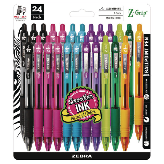 Zebra Z-Grip Ballpoint Pen, Retractable, Medium 1 mm, Assorted Artistic Ink Colors, Assorted Barrel Colors, 24/Pack (12271)