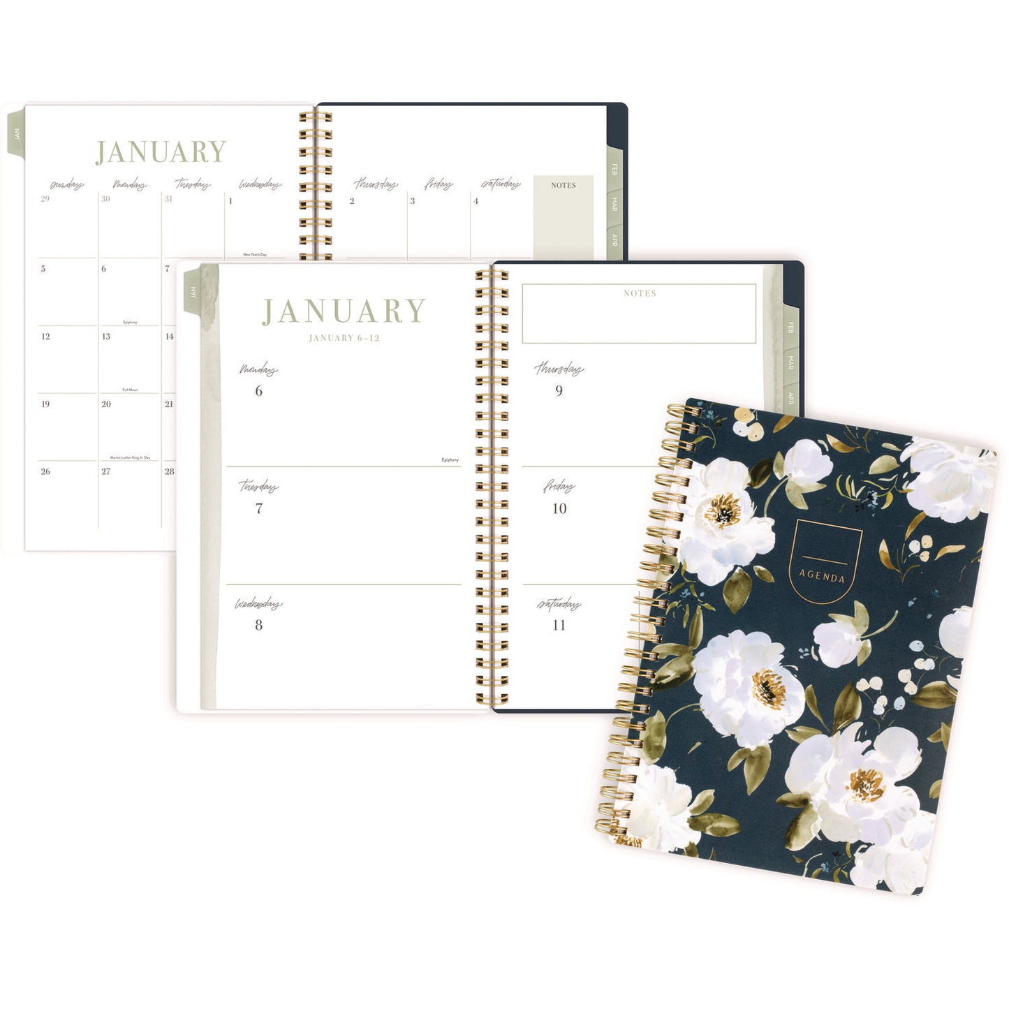 Cambridge Leah Bisch Weekly/Monthly Floral Planner, Floral Artwork, 8.5" x 6.38", Blue/White/Gold Cover, 12-Month (Jan to Dec): 2025 (LB34200)