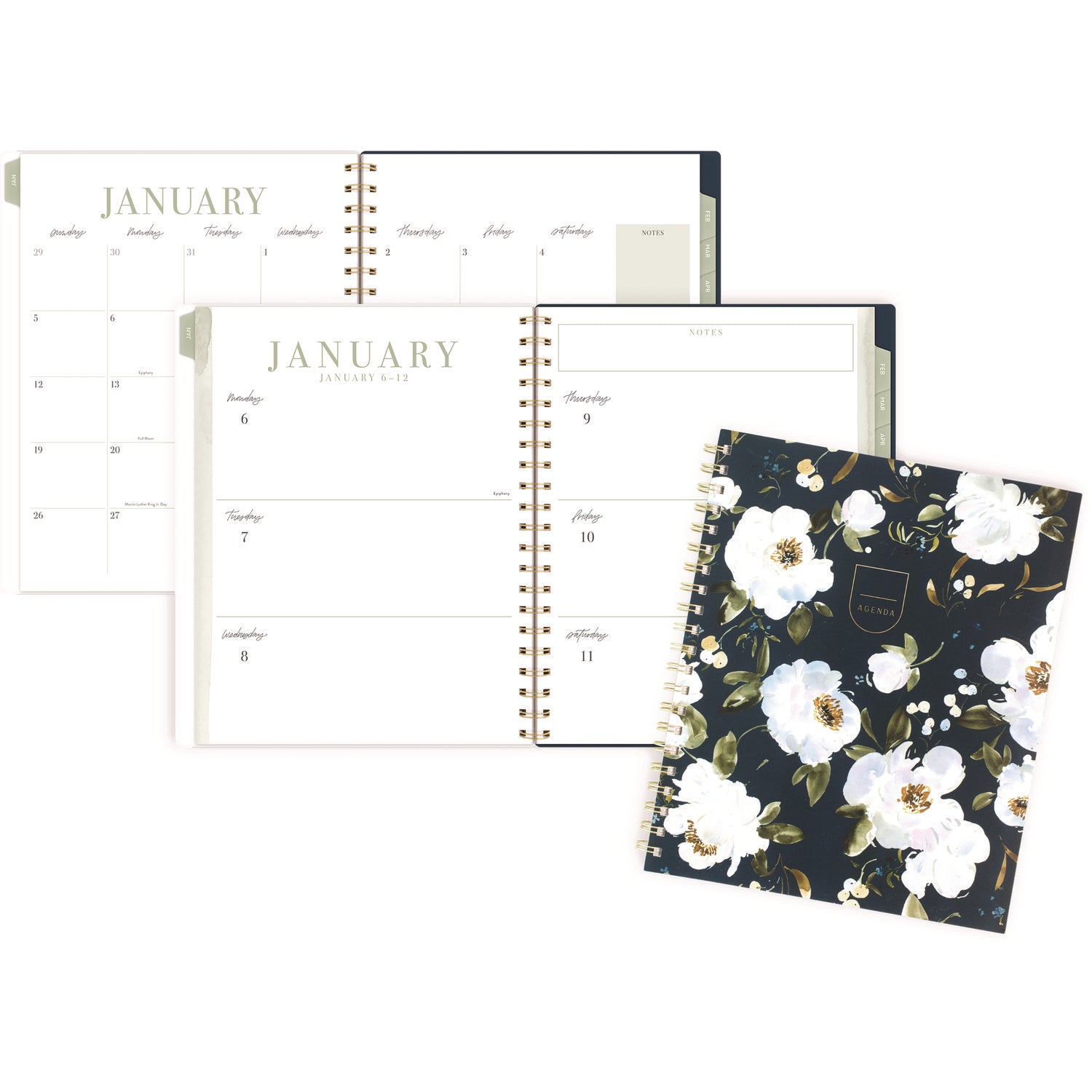 Cambridge Leah Bisch Weekly/Monthly Floral Planner, Floral Artwork, 11" x 9.25", Blue/White/Gold Cover, 12-Month (Jan to Dec): 2025 (LB34905)