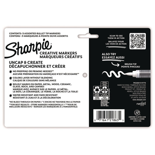 Sharpie Creative Markers, Medium Bullet Tip, Assorted Colors, 5/Pack (2196902)