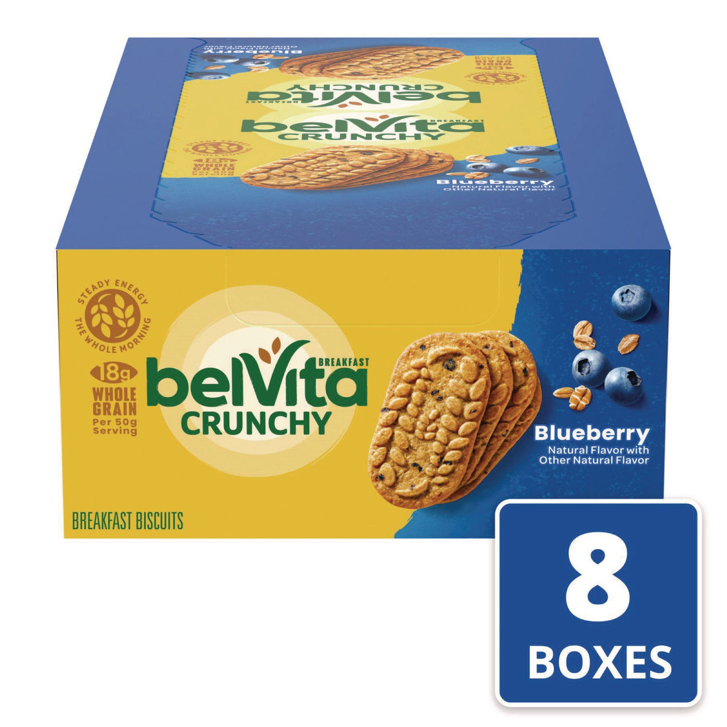 Nabisco belVita Breakfast Biscuits, 1.76 oz Pack, Blueberry, 8 Packs/Box, 8 Boxes/Carton (02908)