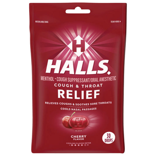 Halls Triple Action Cough Drops, Cherry, 30/Bag, 12 Bags/Box (27499)