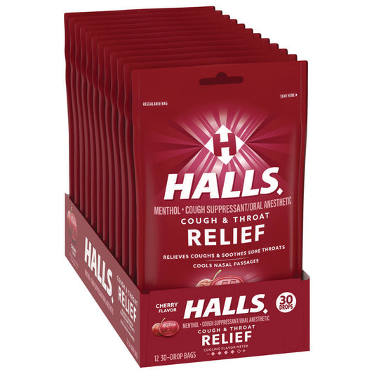 Halls Triple Action Cough Drops, Cherry, 30/Bag, 12 Bags/Box (27499)