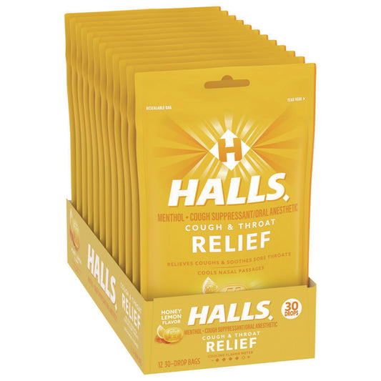 Halls Triple Action Cough Drops, Honey-Lemon, 30/Bag, 12 Bags/Box (28694)