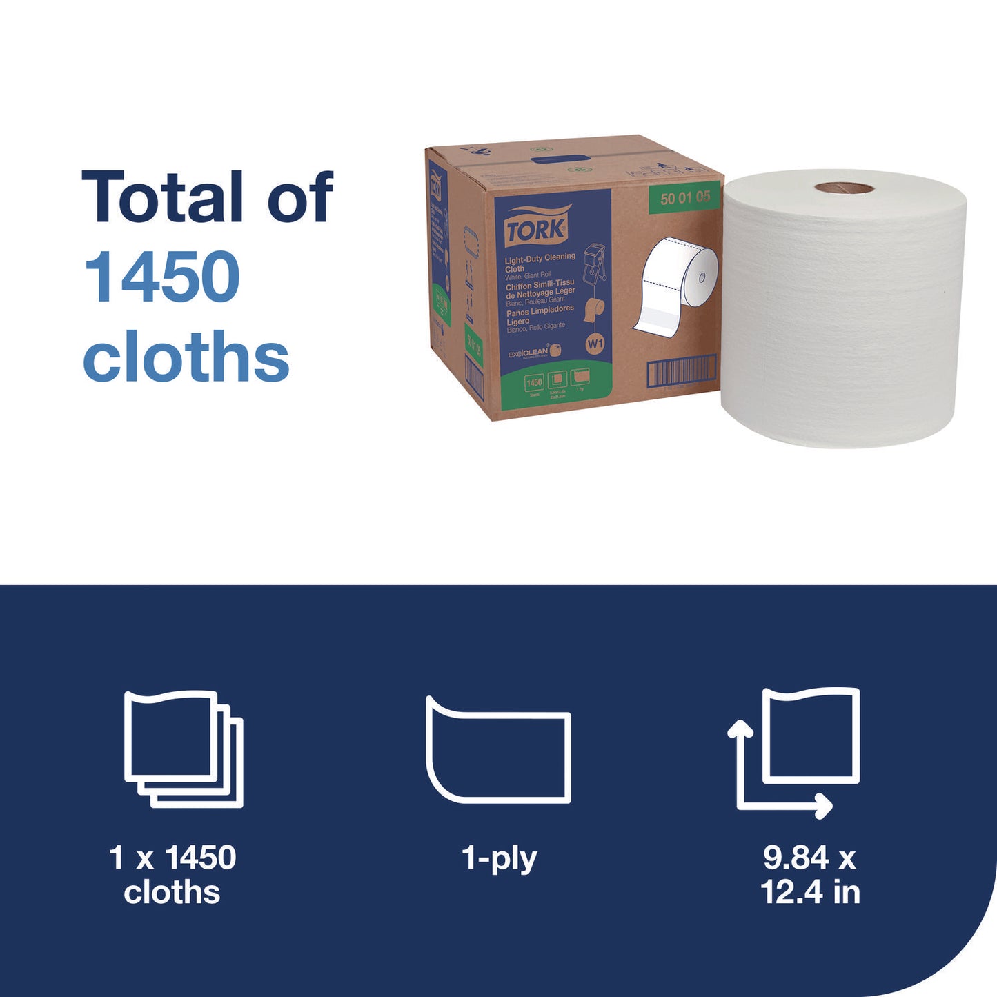 Tork Light Duty Cleaning Cloth, Giant Roll, 1-Ply, 9 x 12.4, White, 1,450 Sheet Roll/Carton (500105)