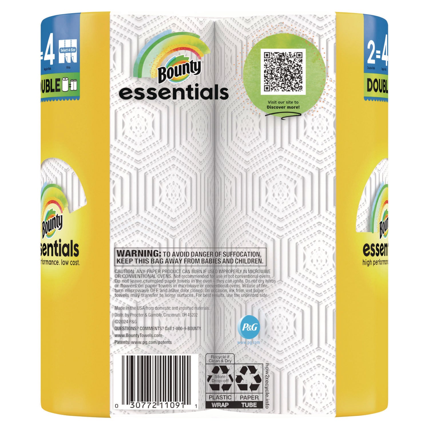 Bounty Essentials Select-A-Size Kitchen Roll Paper Towels, 2-Ply, White, 108 Sheets/Roll, 2/Pack, 8 Packs/Carton (14019)