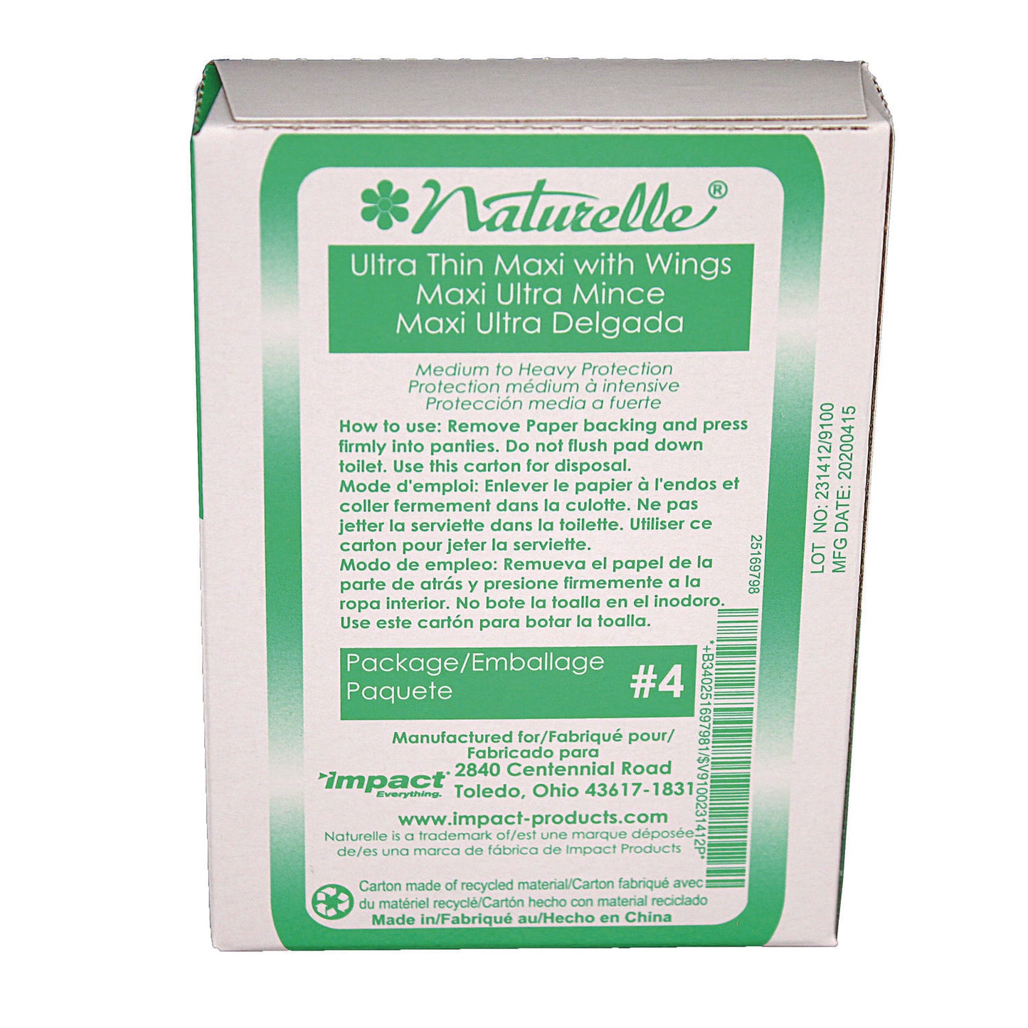 Impact Naturelle Maxi Pads, #4 Ultra Thin with Wings, 200 Individually Wrapped/Carton (25169798)