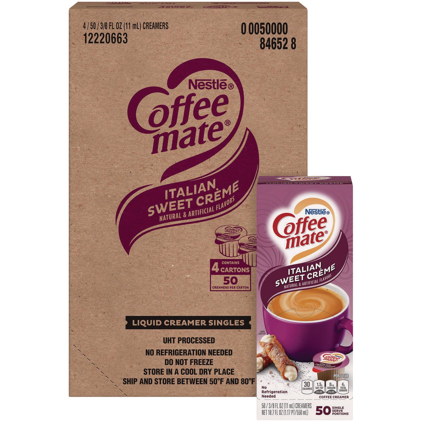 Coffee-mate Liquid Coffee Creamer, Italian Sweet Creme, 0.38 oz Mini Cups, 50/Box, 4 Boxes/Carton, 200 Total/Carton (84652CT)