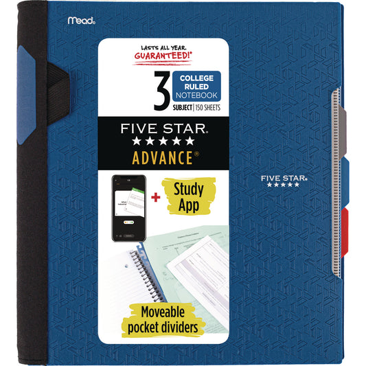 Five Star Advance Wirebound Notebook, Six Pockets, 3-Subject, Medium/College Rule, Randomly Assorted Cover Color, (150) 11 x 8.5 Sheets (06324)