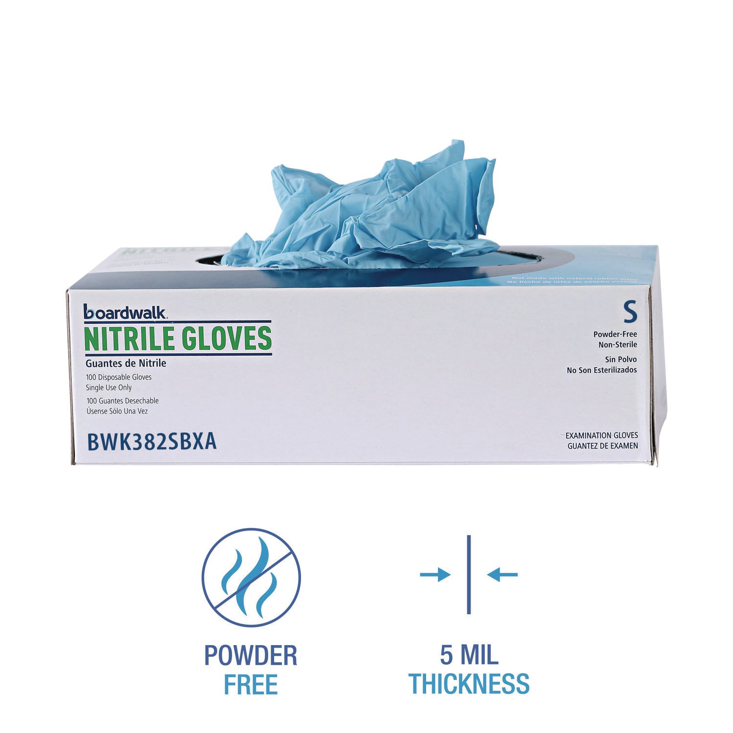 Boardwalk Disposable Examination Nitrile Gloves, Small, Blue, 5 mil, 100/Box (382SBXA)