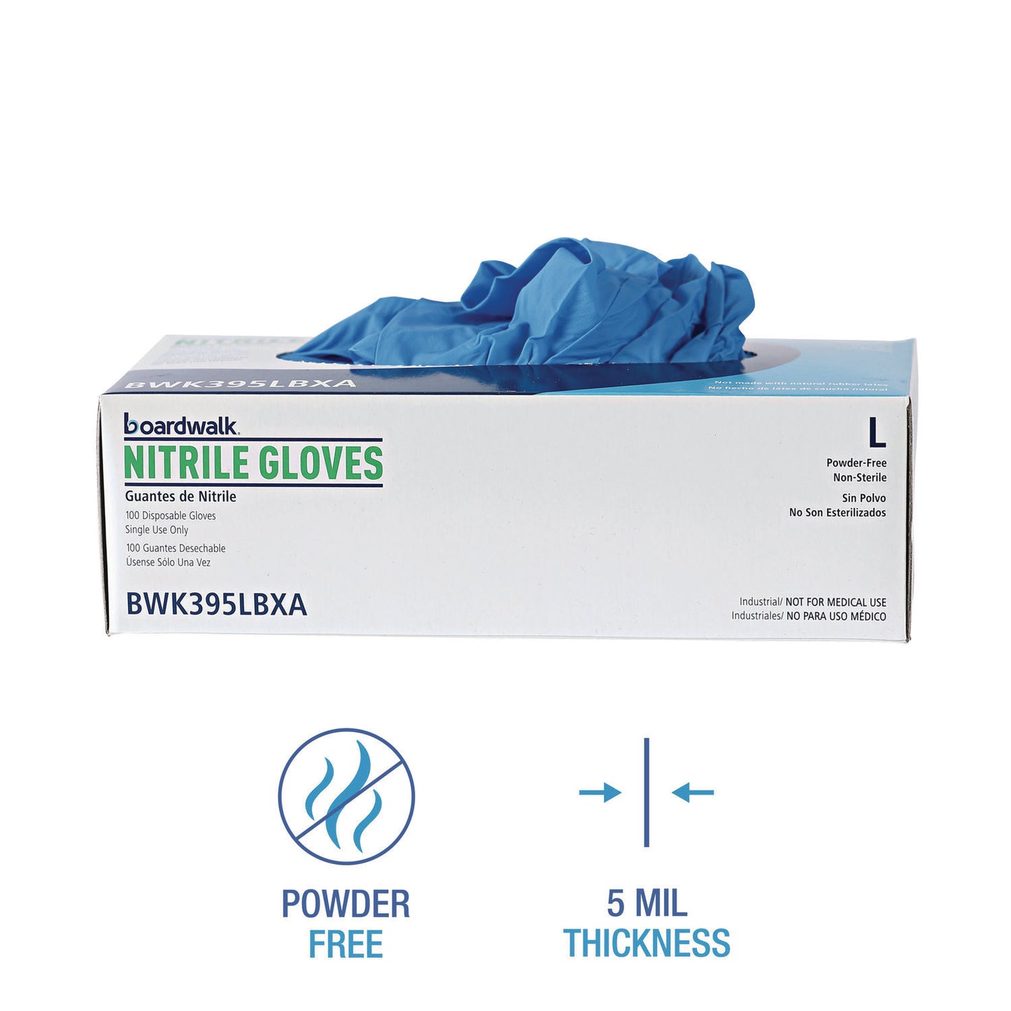 Boardwalk Disposable General-Purpose Powder-Free Nitrile Gloves, Large, Blue, 5 mil, 100/Box (395LBXA)