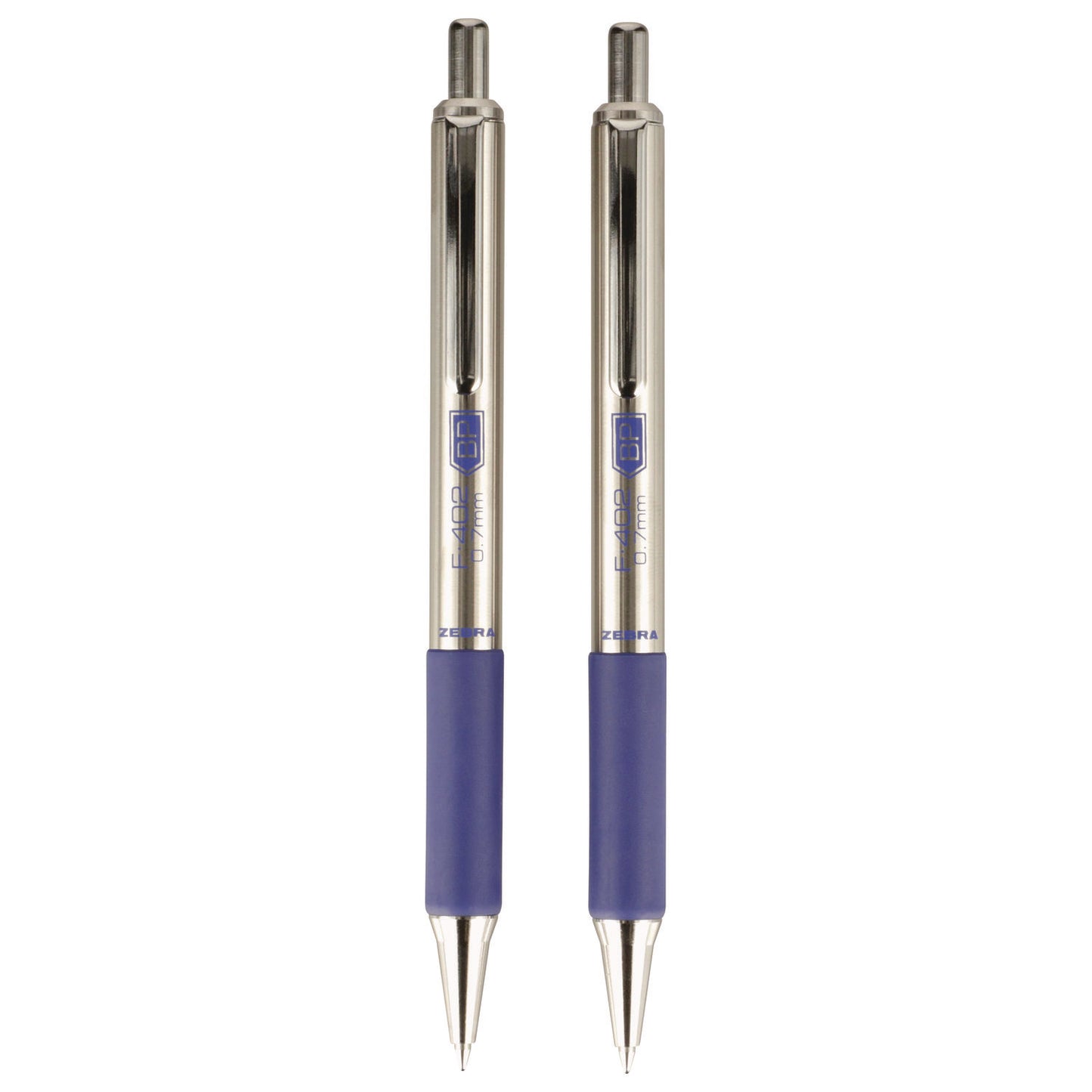 Zebra F-402 Ballpoint Pen, Retractable, Fine 0.7 mm, Blue Ink, Stainless Steel/Blue Barrel (29220)