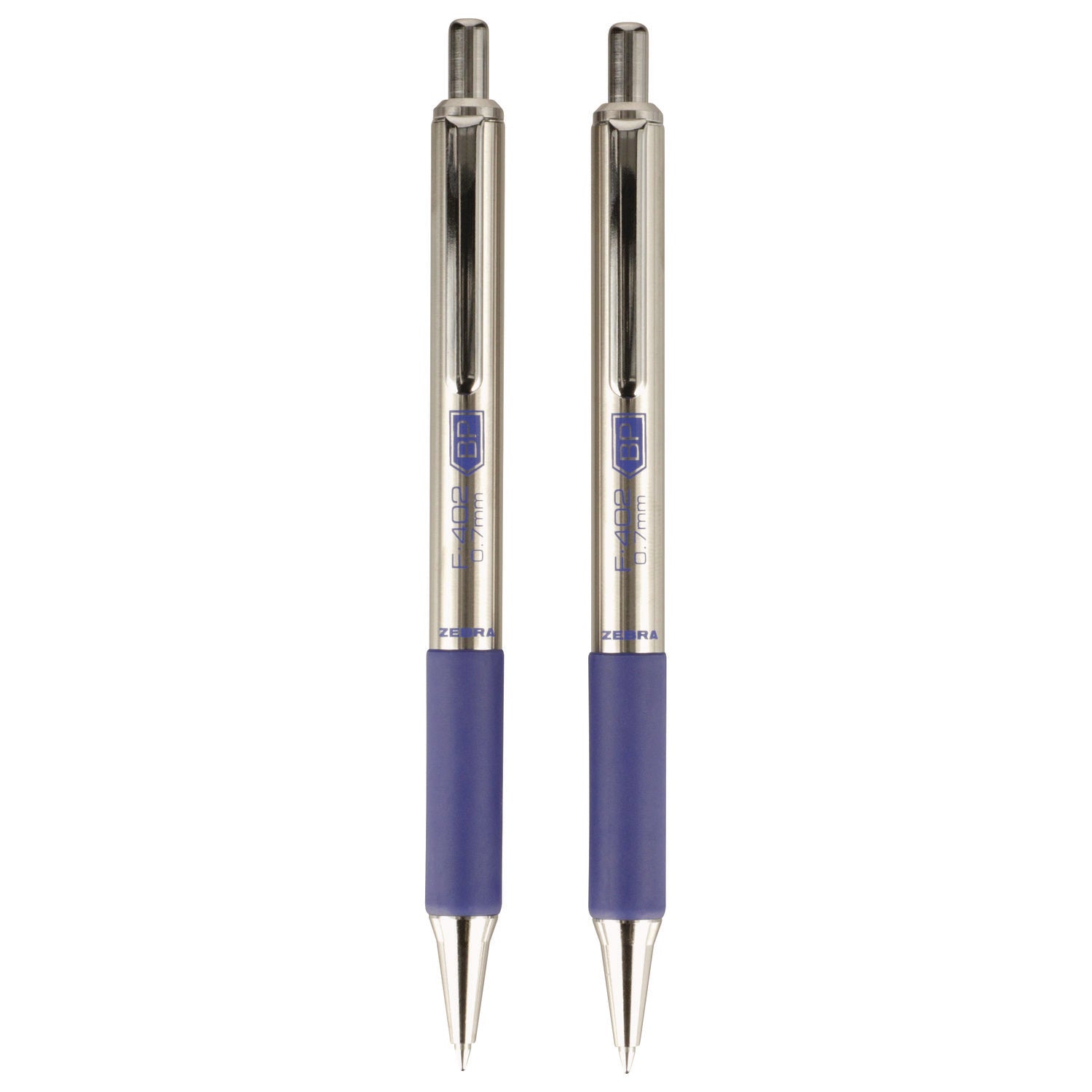 Zebra F-402 Ballpoint Pen, Retractable, Fine 0.7 mm, Blue Ink, Stainless Steel/Blue Barrel (29220)