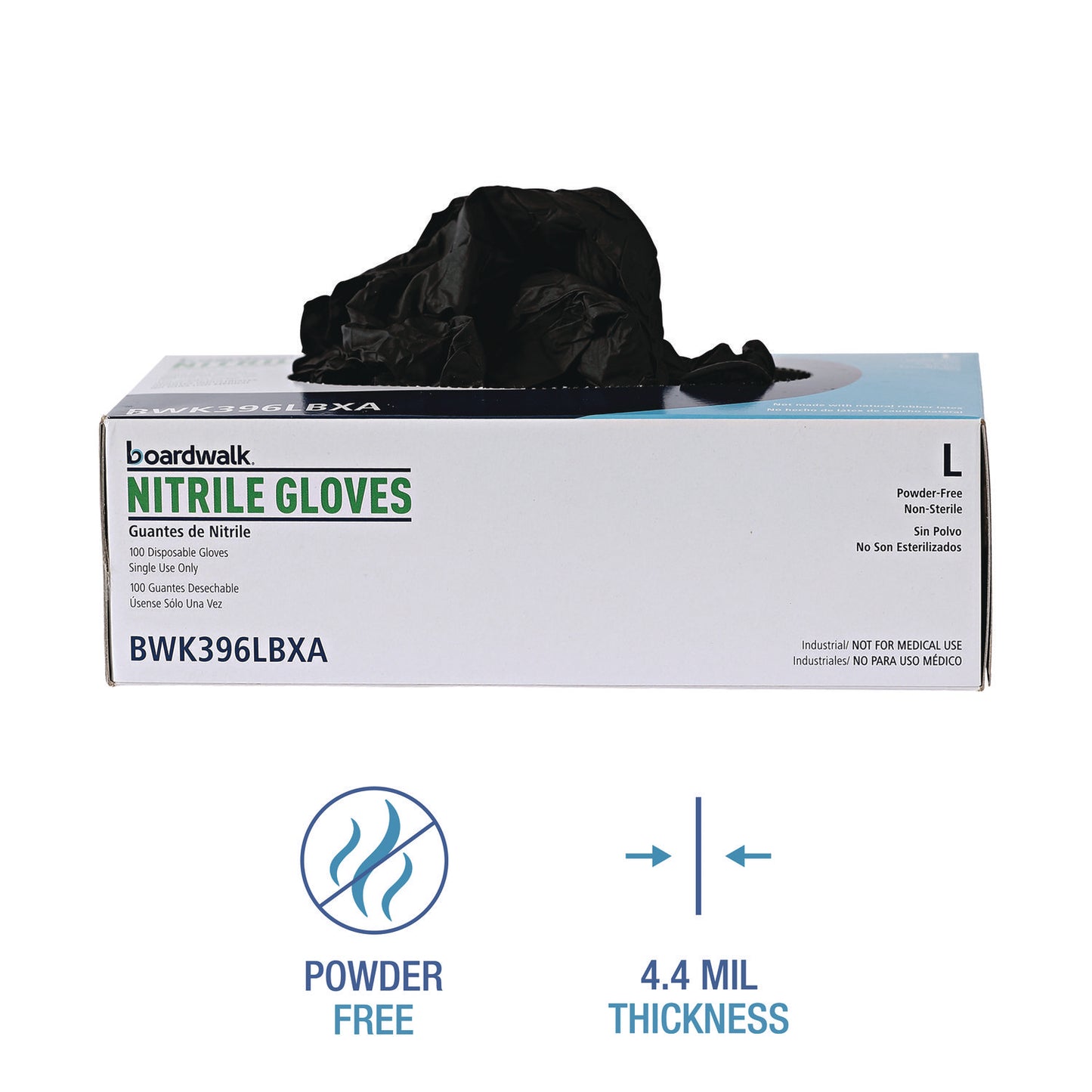 Boardwalk Disposable General-Purpose Powder-Free Nitrile Gloves, Large, Black, 4.4 mil, 100/Box (396LBXA)