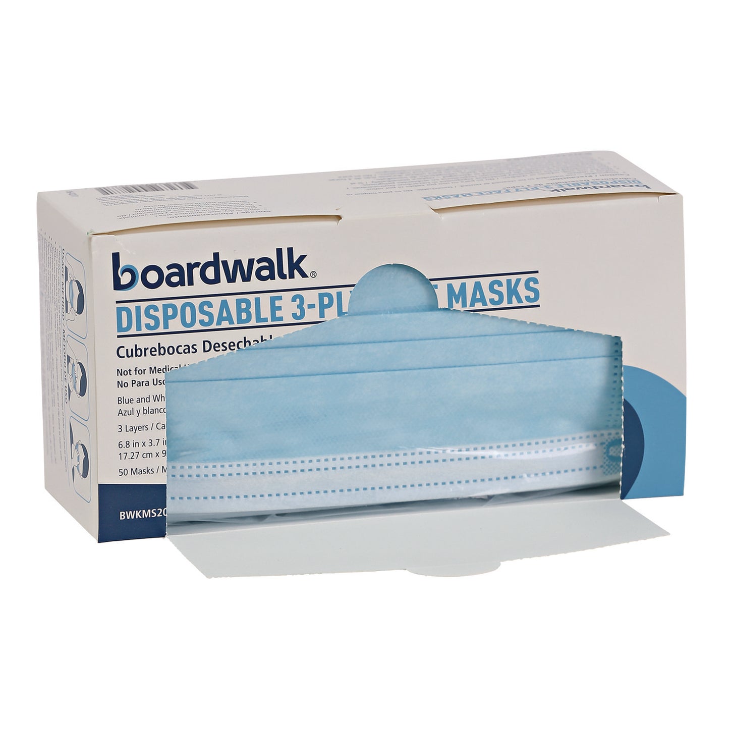 Boardwalk Three-Ply General Use Face Mask, Blue, 50/Box (MS2000BX)