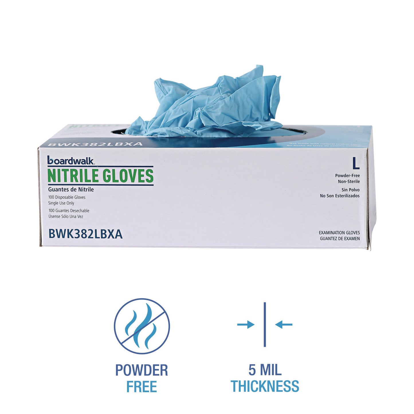 Boardwalk Disposable Examination Nitrile Gloves, Large, Blue, 5 mil, 100/Box (382LBXA)