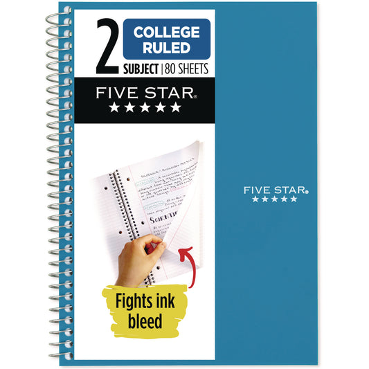 Five Star Wirebound Notebook, 2-Subject, Medium/College Rule, Randomly Assorted Cover Color, (80) 9.6 x 6 Sheets (840029)