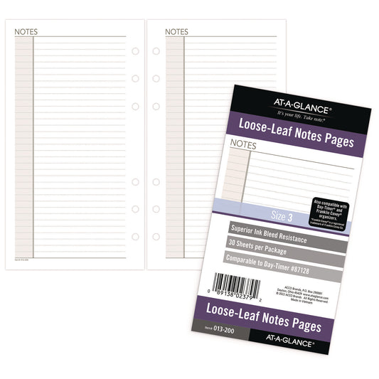 AT-A-GLANCE Lined Notes Pages for Planners/Organizers, 6.75 x 3.75, White Sheets, Undated (013200)