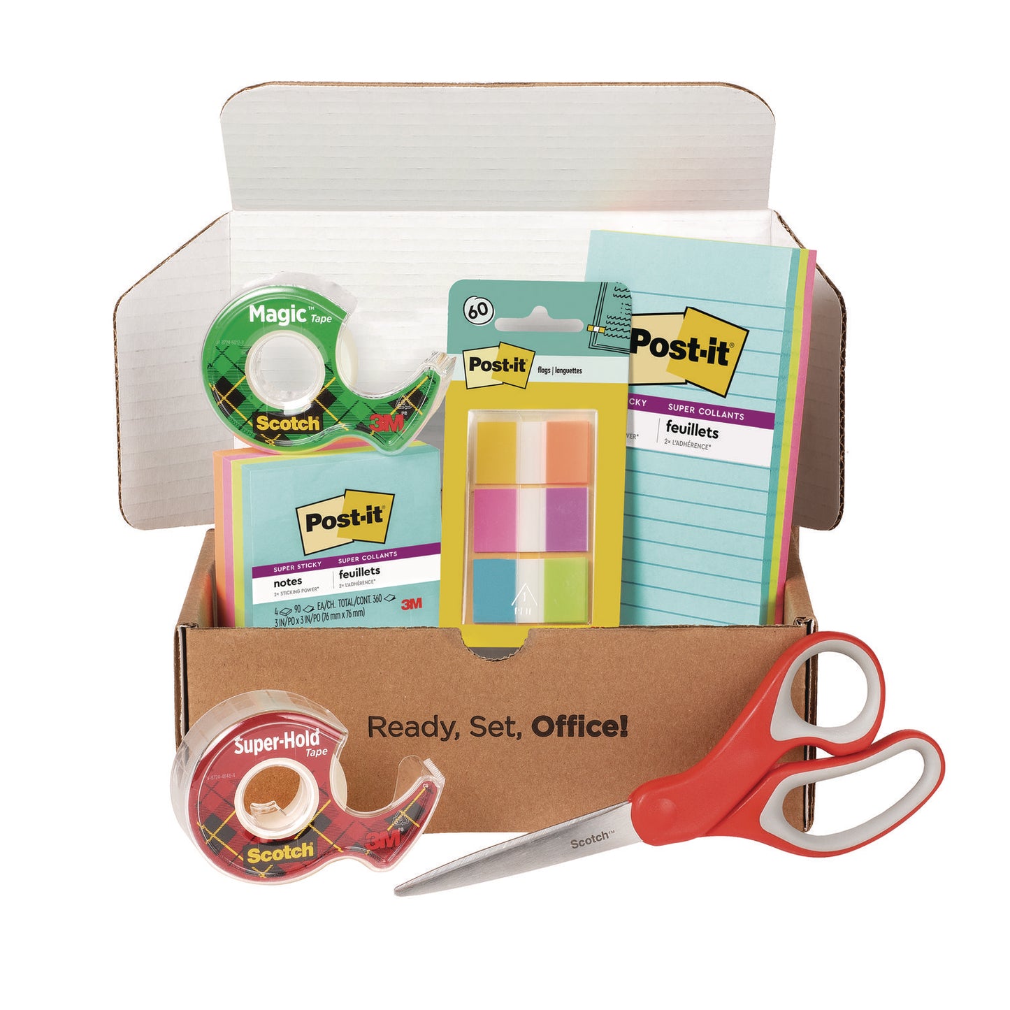 Scotch Office Essentials Kit, 7 Pads Assorted Super Sticky Notes, 1 Pack Flags, Roll Magic Tape, Roll Super-Hold Tape, 1 Scissors (SPIPK)