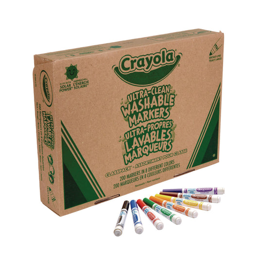 Crayola Ultra-Clean Washable Marker Classpack, Broad Bullet Tip, 8 Assorted Colors, 200/Box (588200)