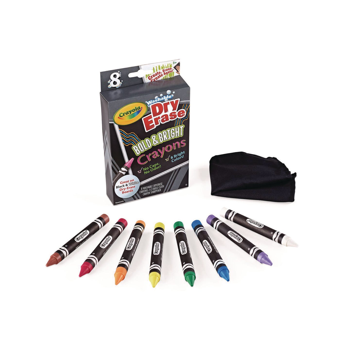 Crayola Washable Dry Erase Crayons w/E-Z Erase Cloth, Assorted Bright Colors, 8/Box (985202)