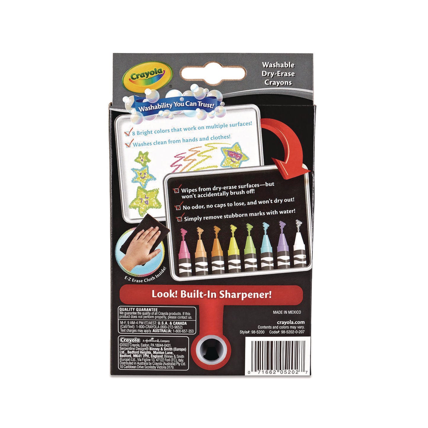 Crayola Washable Dry Erase Crayons w/E-Z Erase Cloth, Assorted Bright Colors, 8/Box (985202)