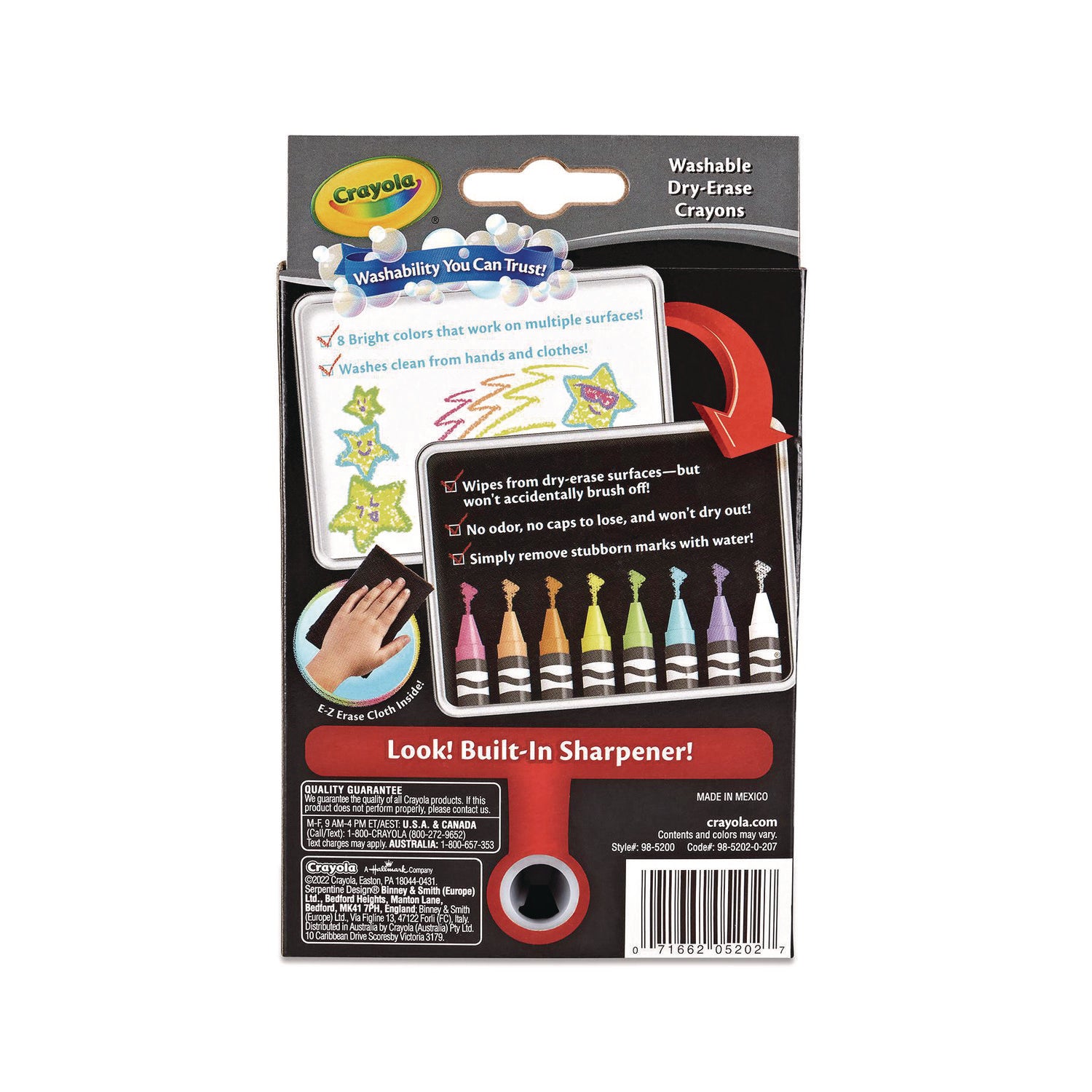 Crayola Washable Dry Erase Crayons w/E-Z Erase Cloth, Assorted Bright Colors, 8/Box (985202)