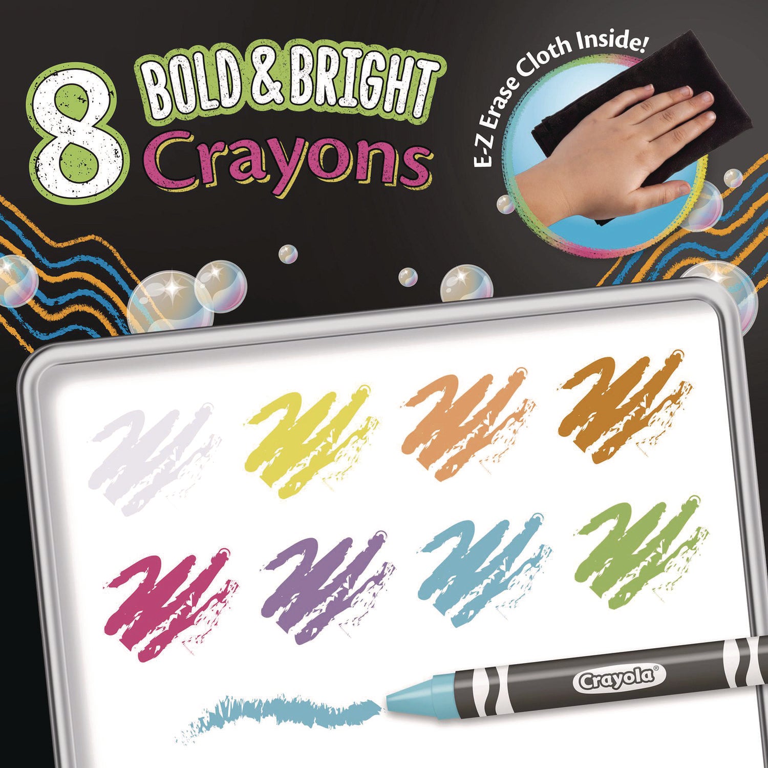 Crayola Washable Dry Erase Crayons w/E-Z Erase Cloth, Assorted Bright Colors, 8/Box (985202)