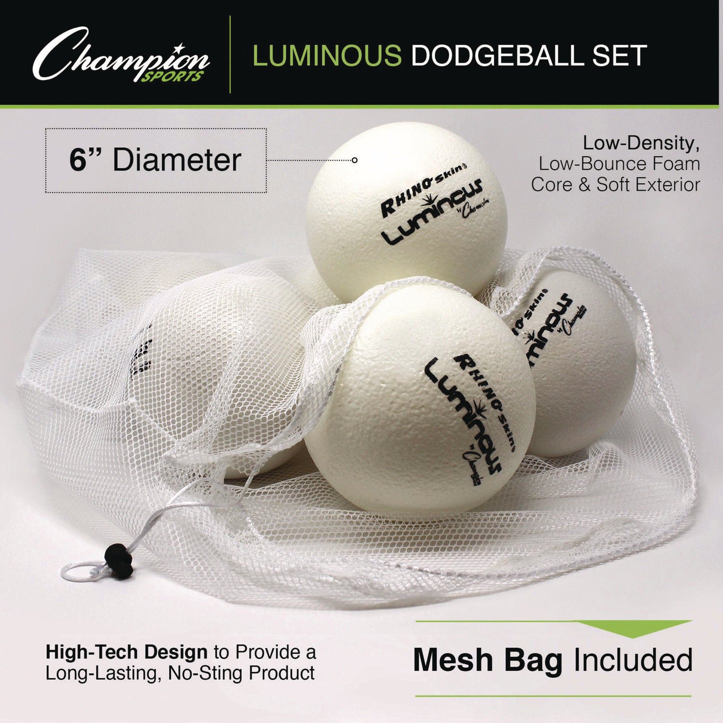 Champion Sports Rhino Skin Luminous Dodgeball Set, 6.3" Diameter, 6/Set (RXLUMSET)