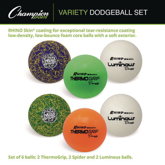 Champion Sports Rhino Skin Variety Dodgeball Set, 6.3" Diameter, Luminous/Spider/ThermoGrip, 6/Set (RXVARIETYSET)