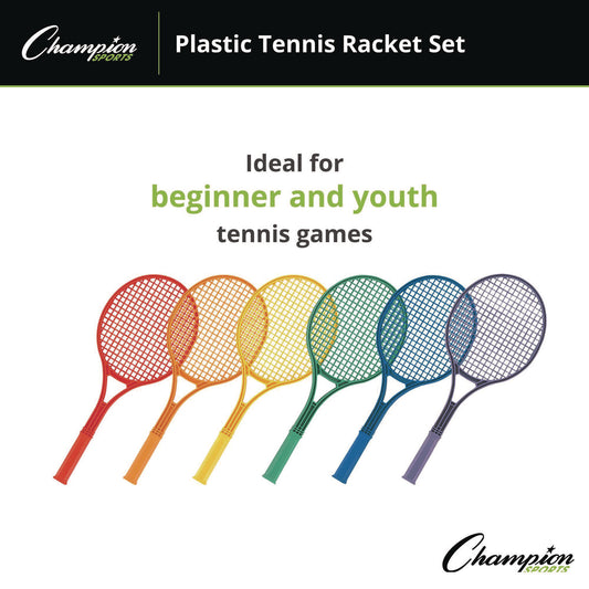 Champion Sports Plastic Tennis Racket Set, Six 21" Rackets, Assorted Colors (JTRSET)