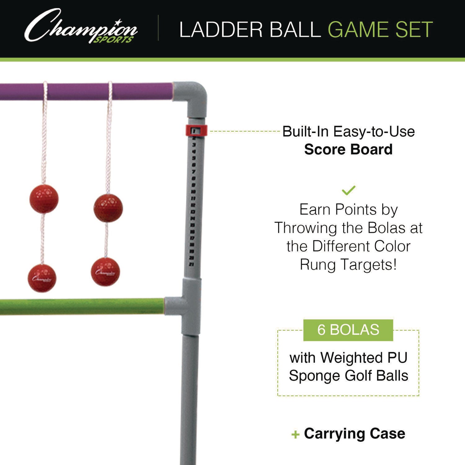 Champion Sports Pro Ladder Golf Game Set, (2) 22" x 37.5" Ladders/Six Bolas/Carry Bag (LGSTPRO)