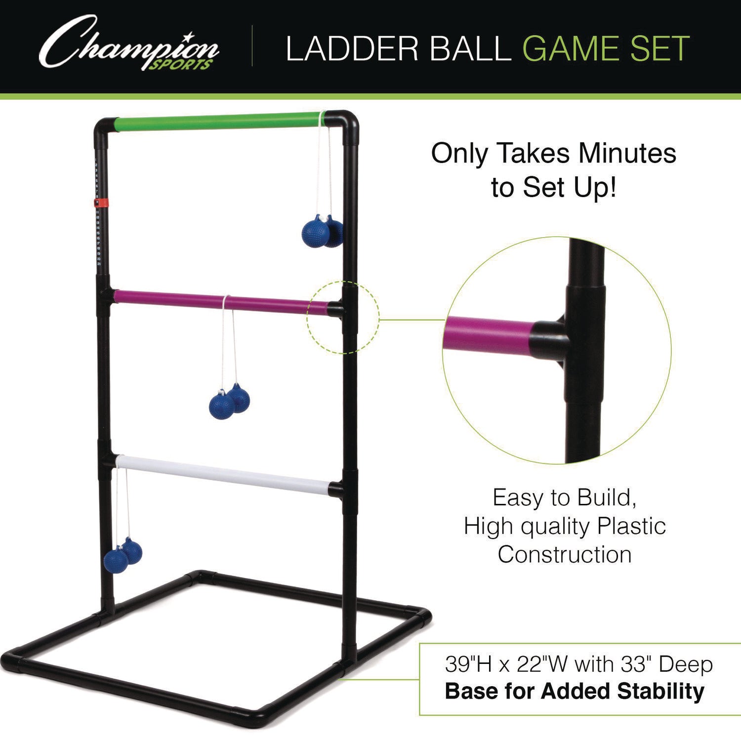 Champion Sports Ladder Ball Game Set, (2) 22" x 37.5" Ladders/(6) Bolas/Carry Bag (LGSTSET)