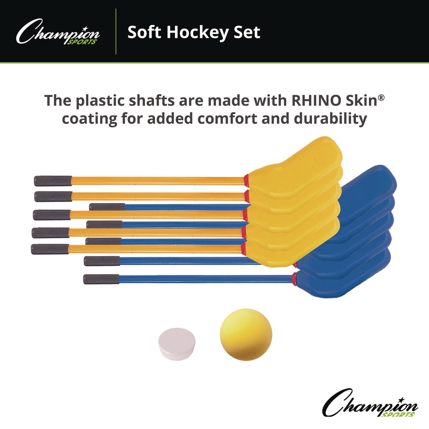 Champion Sports Rhino Soft Hockey Set, 30" Long, (10) Sticks/7" Ball/4" Puck (HS10SET)