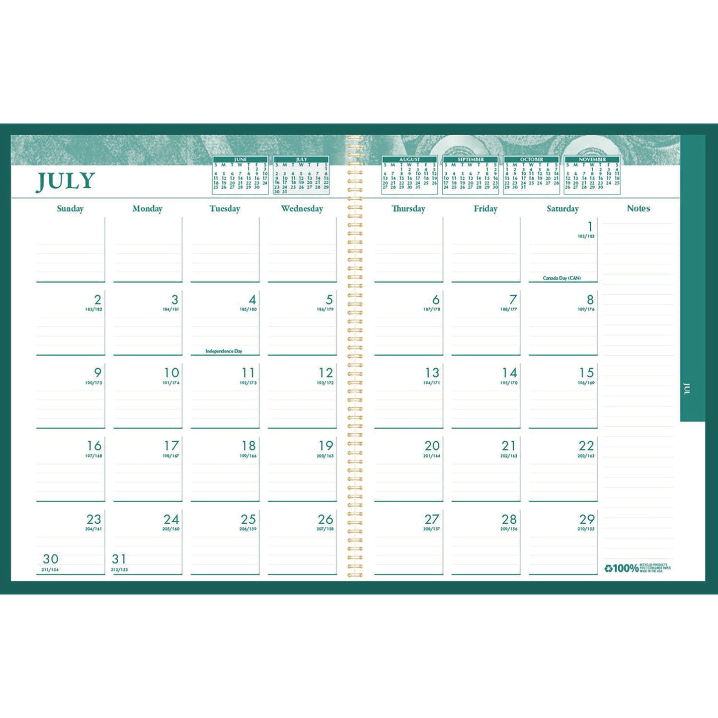 House of Doolittle 100% Recycled MonoBright Monthly/Weekly Planner, 11 x 8.5, Green/Gold Cover, 12-Month (July to June): 2024 to 2025 (283509)