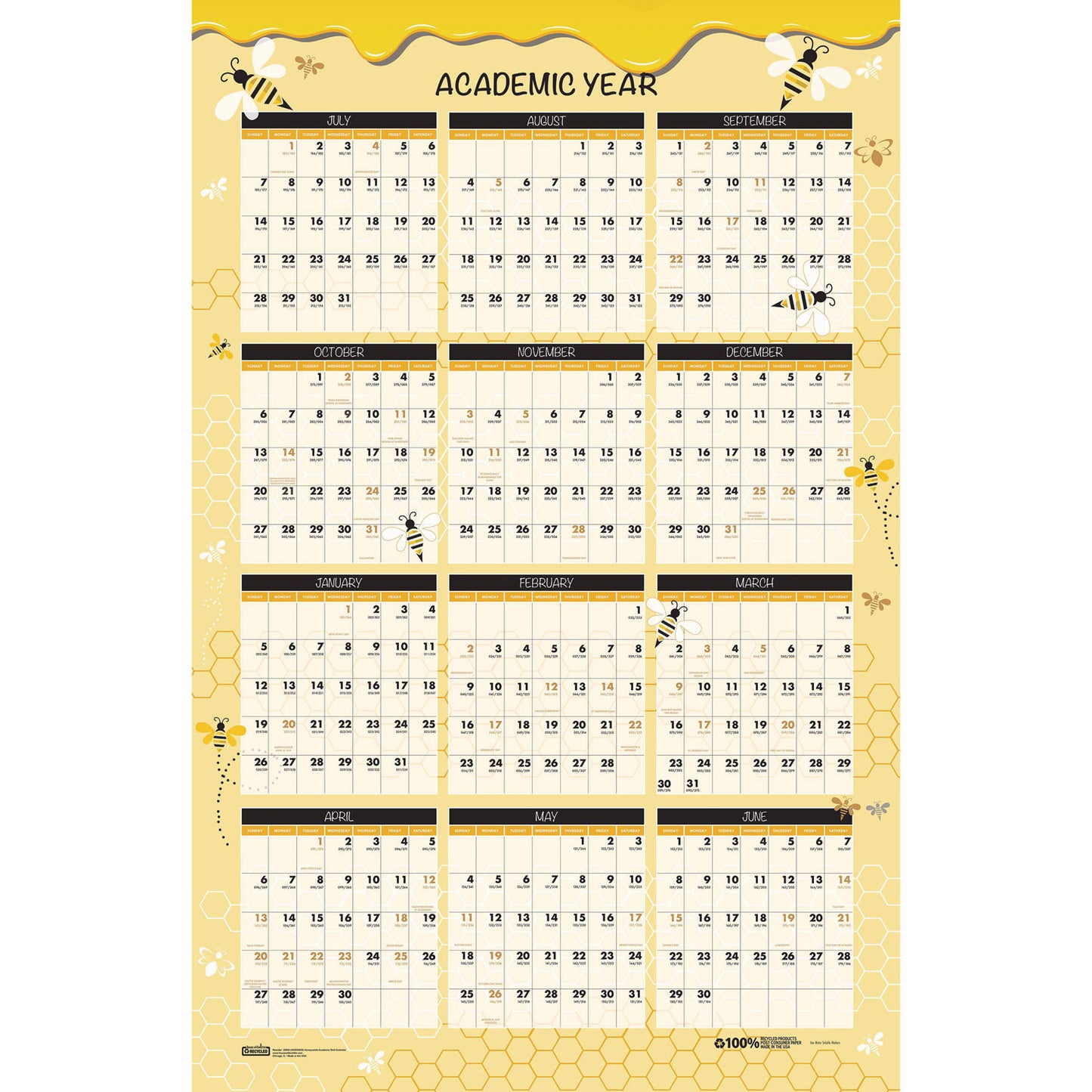 House of Doolittle 100% Recycled Academic Honeycomb Laminated Wall Calendar, 24 x 37, Tan/Yellow Sheets, 12-Month (July-June): 2024 to 2025 (39855)