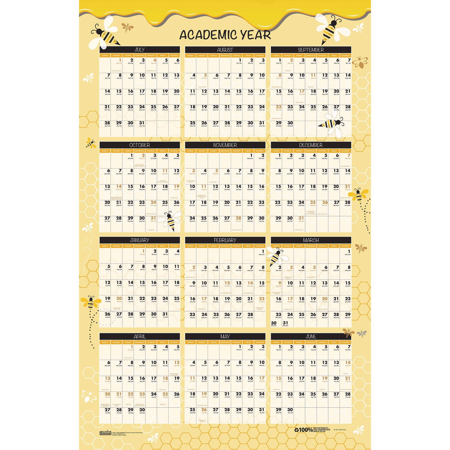 House of Doolittle 100% Recycled Academic Honeycomb Laminated Wall Calendar, 24 x 37, Tan/Yellow Sheets, 12-Month (July-June): 2024 to 2025 (39855)