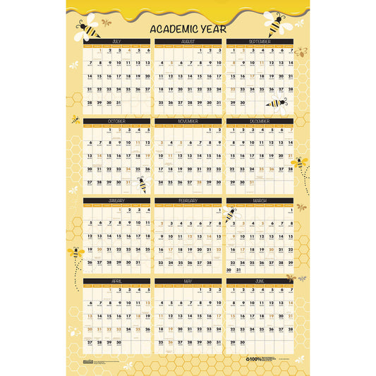 House of Doolittle 100% Recycled Academic Honeycomb Laminated Wall Calendar, 24 x 37, Tan/Yellow Sheets, 12-Month (July-June): 2024 to 2025 (39855)